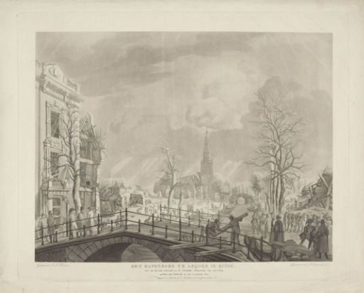The Rapenburg in Leiden in ruins. As it appeared after the terrible explosion of a ship loaded with gunpowder on January 12, 1807