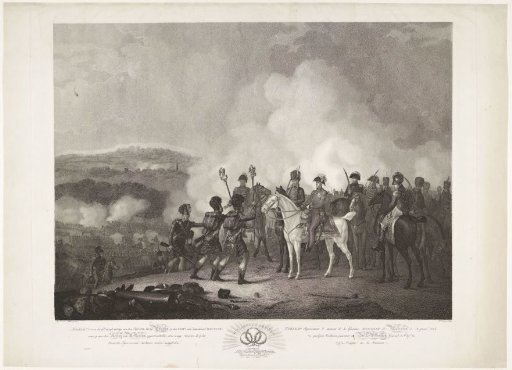 Depiction of the Glorious Moment of the Field Battle of Waterloo on the 18th of Summer Month MDCCCXV, where to the Duke of Wellington, Commander-in-Chief, by some Scots the Eagles captured from the French Army are presented / Tableau Réprésentant le mont de la Glorieuse Batai