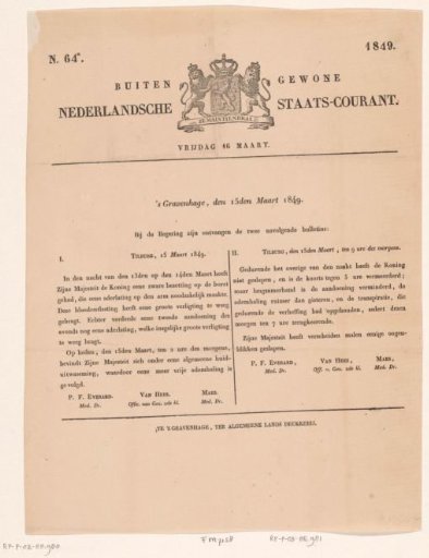 Extraordinary Dutch State Gazette. Friday, March 16. No. 64*. 1849