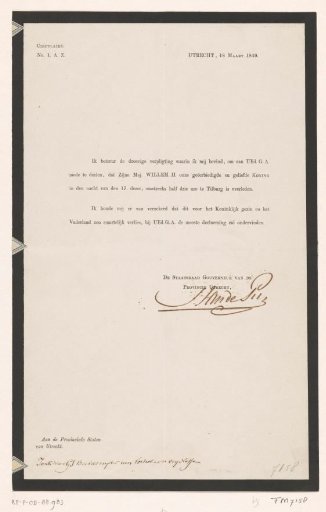 Announcement of the death of King William II by the State Council Governor of the Province of Utrecht, 1849