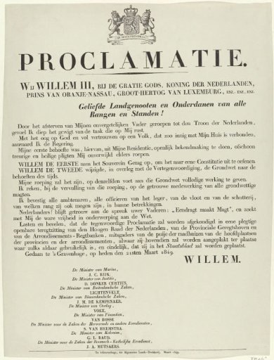 First proclamation issued by King William III, 1849