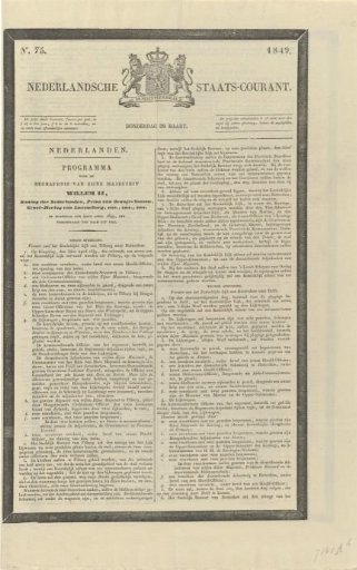Nederlandsche Staats-Courant. Thursday 29 March. No. 75. 1849