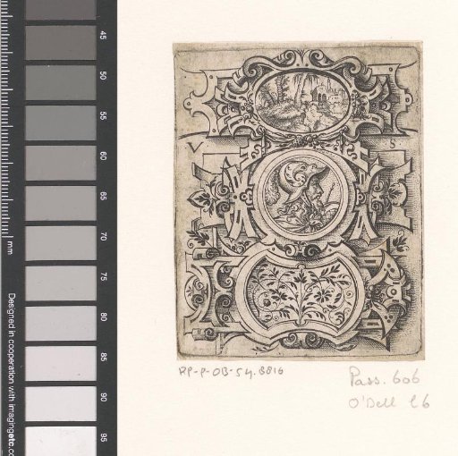 Three cartouches with a landscape, soldier and foliage