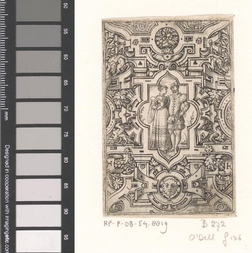Man and woman in a scrollwork frame