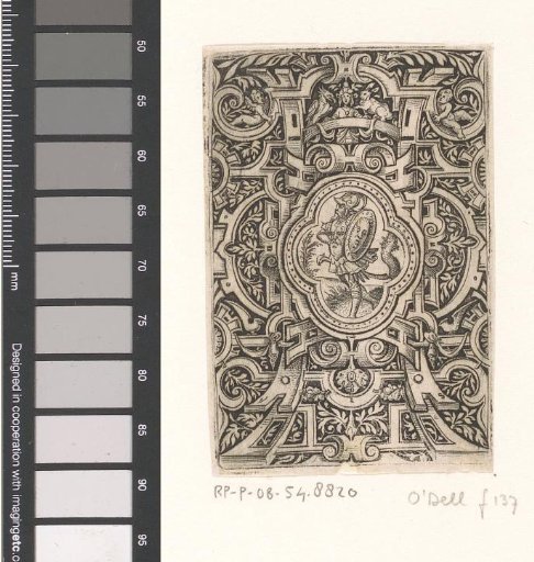 Soldier with shield in a scrollwork frame