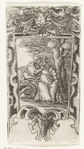 Part of a scabbard with a loving couple under a tree
