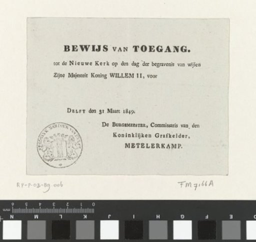 Admission ticket for the funeral of King William II, 1849
