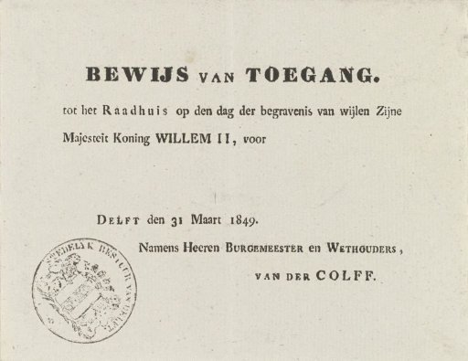 Admission ticket for the funeral of King William II, 1849