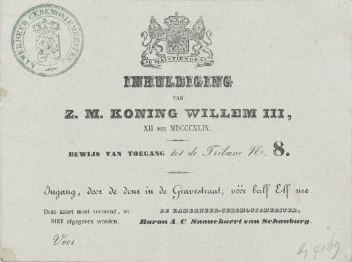 Admission Ticket for the Inauguration of King William III, 1849