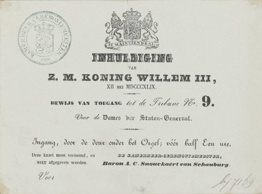 Admission Ticket for the Inauguration of King William III, 1849