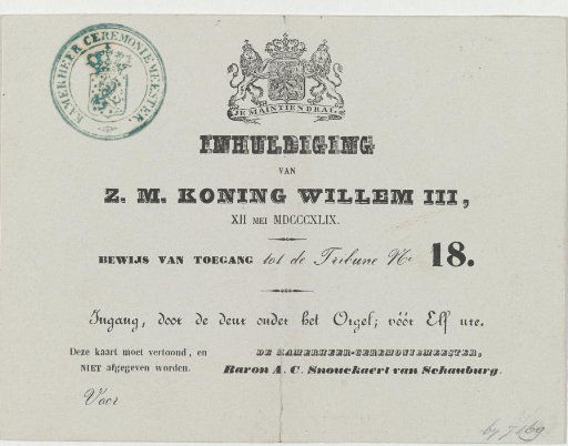 Admission Ticket for the Inauguration of King William III, 1849