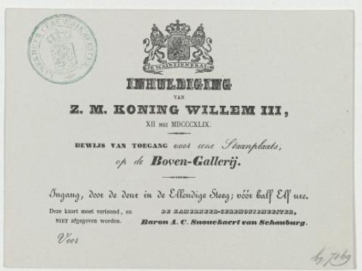 Admission Ticket for the Inauguration of King William III, 1849