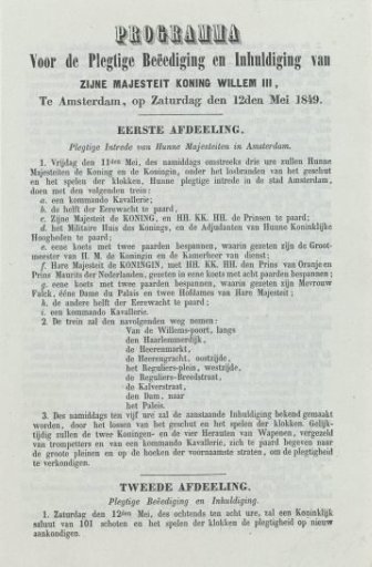 Program for the Solemn Oath-Taking and Inauguration of His Majesty King William III, in Amsterdam, on Saturday, May 12, 1849