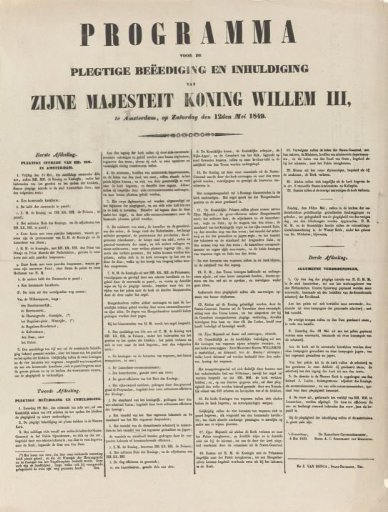 Program for the Solemn Oath-Taking and Inauguration of His Majesty King William III, in Amsterdam, on Saturday, May 12, 1849