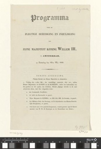 Program for the Solemn Oath-Taking and Inauguration of His Majesty King William III, in Amsterdam, on Saturday, May 12, 1849