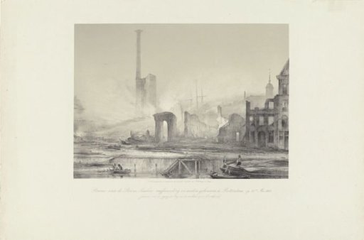 Ruin of the Steam Sugar Refinery and other buildings in Rotterdam, taken on 13 May 1849, for the rising of the bridge on the opposite side at the Leuvehaven