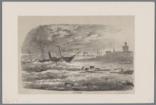 A ship in trouble at the beach during the storm of 28 May 1860