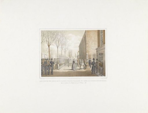 Presentation of a banner to the Leiden Student Association for Voluntary Training in the Art of Arms by the daughters of the Professors on 8 February 1867