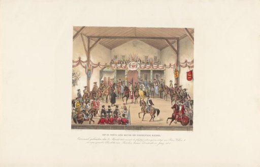Twenty-fifth anniversary of the Dordrecht Riding School: Carrousel held on 9 March 1866, preceding the solemn reception and entry of Prince William I and his consort Charlotte of Bourbon into Dordrecht in June 1575
