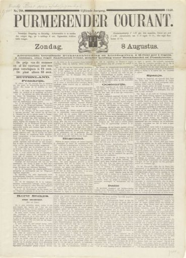 Purmerender Courant. Sunday, 8 August. No. 794. Fifteenth Year. 1869