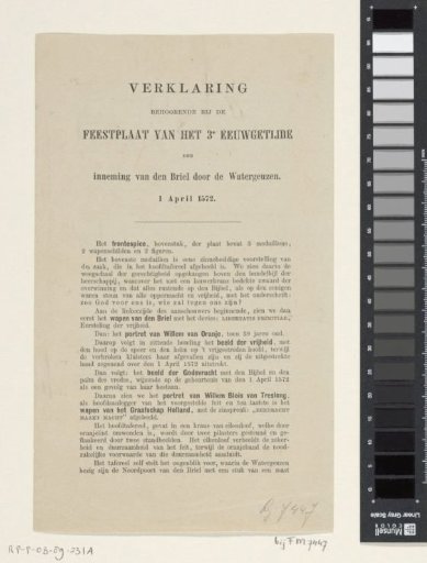 Explanation accompanying the commemorative plaque for the 300th anniversary of the capture of Den Briel, 1572-1872