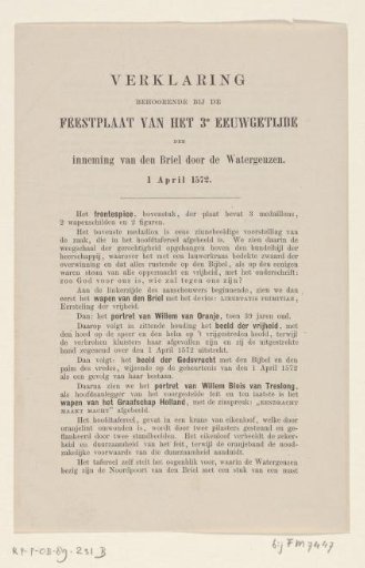 Explanation accompanying the commemorative plaque for the 300th anniversary of the capture of Den Briel, 1572-1872
