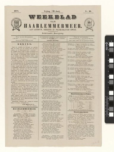 Weekly newspaper of Haarlemmermeer. Dedicated to agriculture, municipal, and polder interests. 1877. Friday, June 29. No. 26