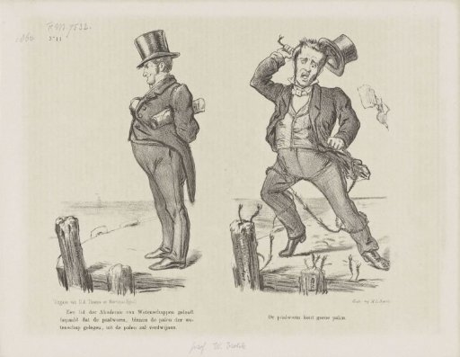 Satirical print on the investigation into teredo worms by Prof. W. Vrolik, 1860