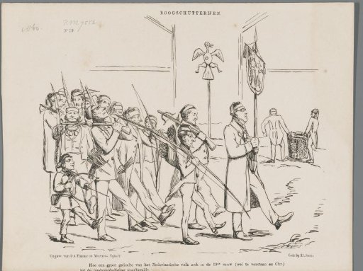 Cartoon on outdated institutions such as the archery guilds, 1860