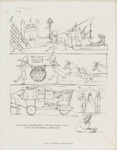 Spotprent op alle extra zaken die door de nieuwe Staten-Generaal behandeld moeten worden, 1861