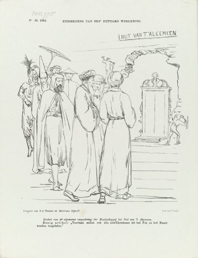 Caricature on the admission of non-Christians to the Society for the General Benefit, 1864