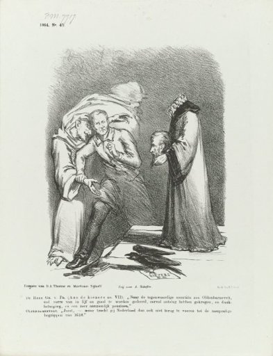 Caricature on Groen van Prinsterer and the spirit of Van Oldenbarnevelt, 1864