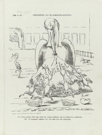 Spotprent op de afschaffing van de gemeenteaccijnsen, 1865