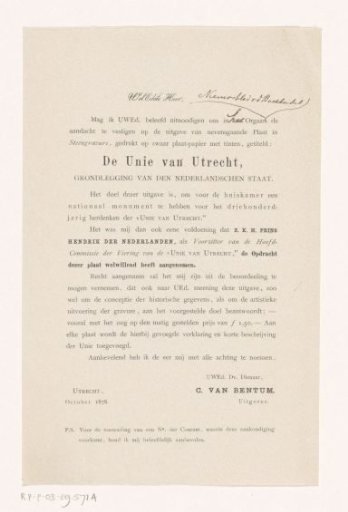 Announcement of the commemorative print for the 300th anniversary of the Union of Utrecht 1579-1879