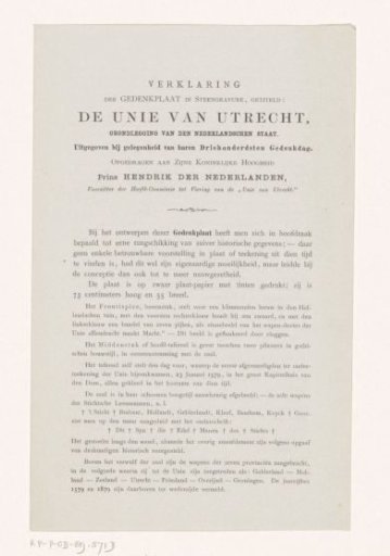 Explanation accompanying the commemorative print for the 300th anniversary of the Union of Utrecht 1579-1879