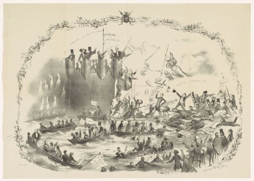 Satirical print on Thorbecke's plans to abolish the University of Utrecht, 1863