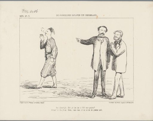 Satirical print on the speeches in the Second Chamber against the Dutch who were Papal Zouaves, 1875