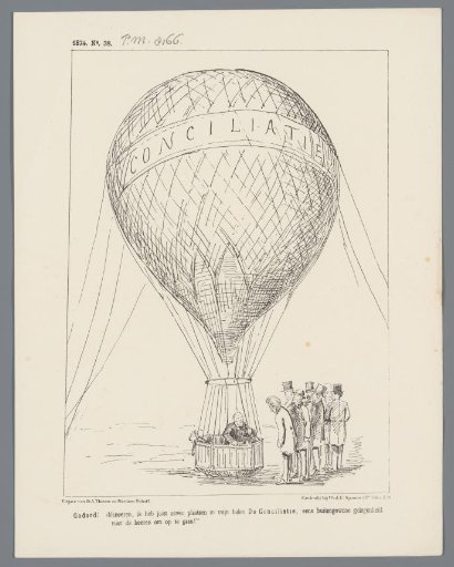 Satirical print in which balloonist Godard invites the Heemskerk ministry to take a ride in his balloon 'Conciliation', 1874