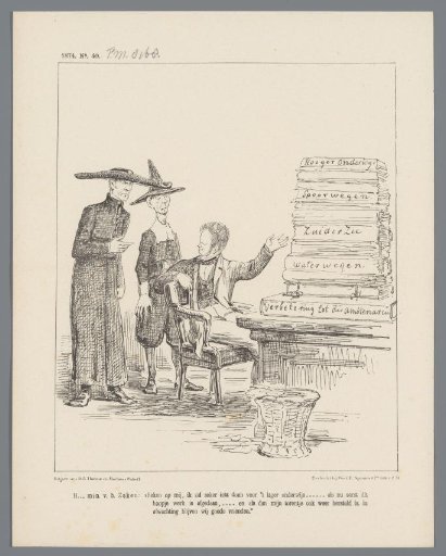 Satirical print with Minister Heemskerk and the many tasks still lying on his desk, 1874