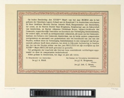 Statement on the placement of a commemorative stone in a building on Koestraat in Amsterdam where Jan van der Heyden lived, 1912