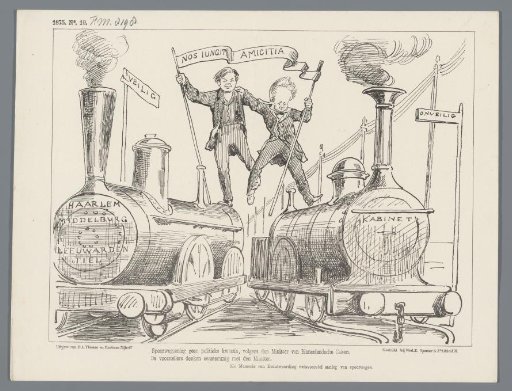Satirical print on the simultaneous submission of a bill on railways by Heemskerk and Kappeyne, 1875
