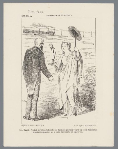 Satirical print on the laying of railways in South Africa, 1875