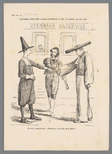 Satirical print on the coalition against public elementary education, 1867
