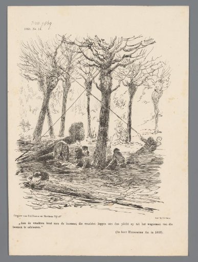 Satirical print with the felling of trees bearing the faces of ministers, 1868