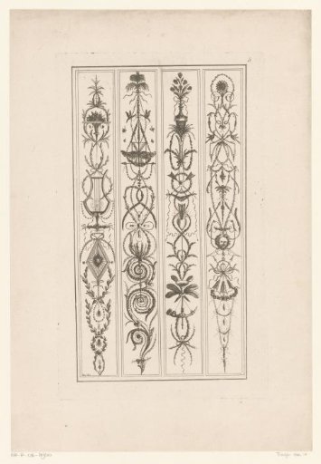 Arabesques with lyre, hourglass, vase and arrows