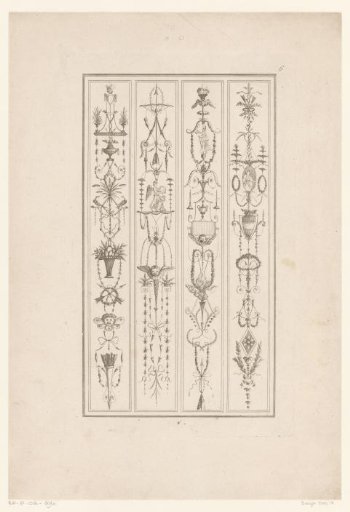 Arabesques with smoke pots, birds, figures with globes and torch