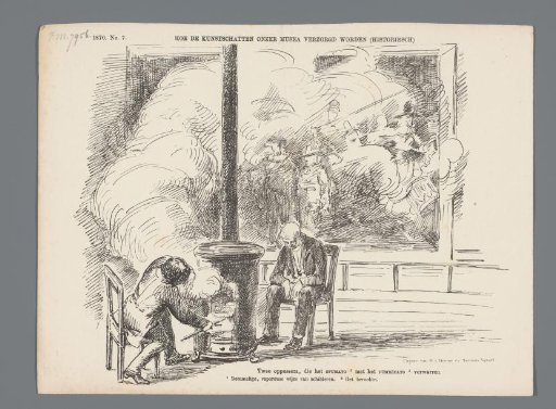 Cartoon on the smoking stoves in the hall where the Night Watch hangs, 1870