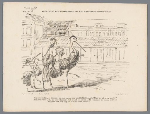 Cartoon on the opening of the railway line The Hague-Gouda-Utrecht, 1870