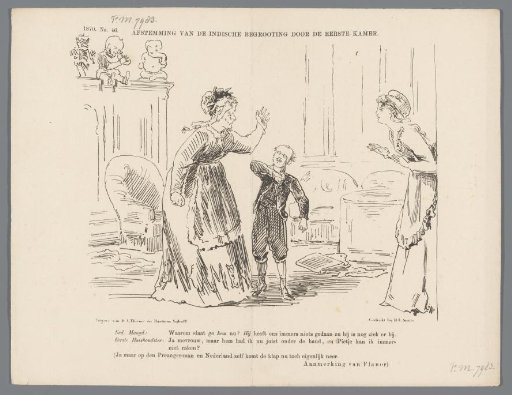 Satirical print on the rejection of the budget for the Dutch East Indies by the First Chamber, 1870