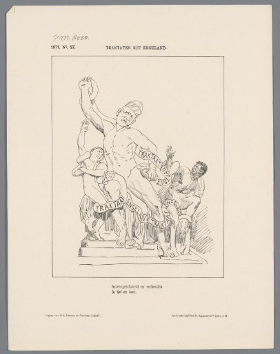Satirical print on the negotiations with England regarding the cession of the Guinea coast, 1871